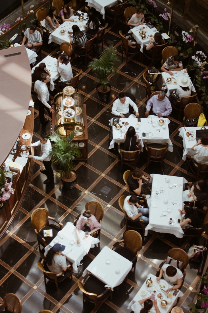 A grand hotel dining room from above